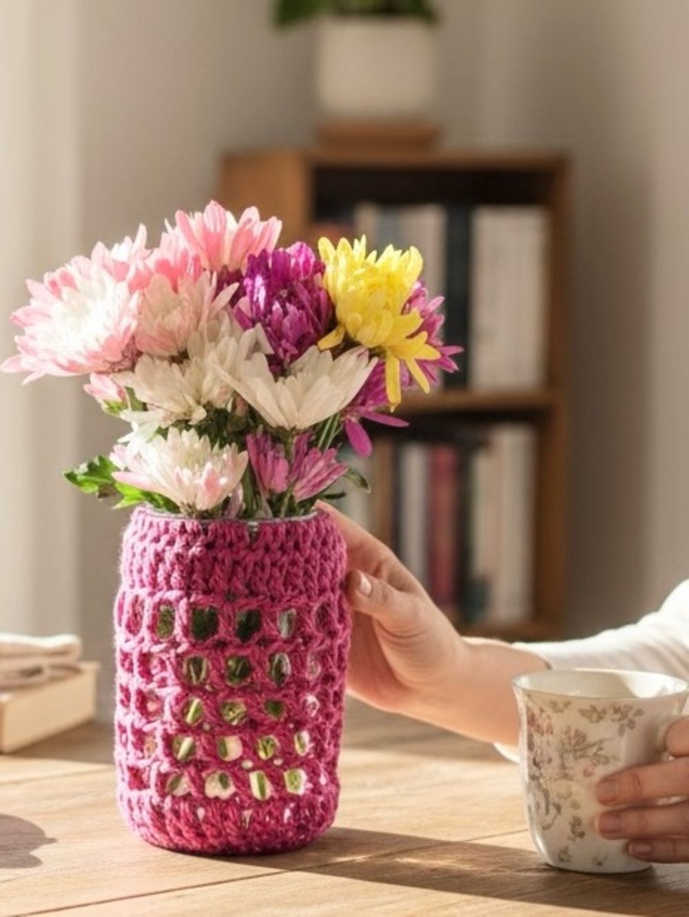 Vase Container Cover Handmade Crochet Red  Dark Pink Silk Mohair Crochet Boho